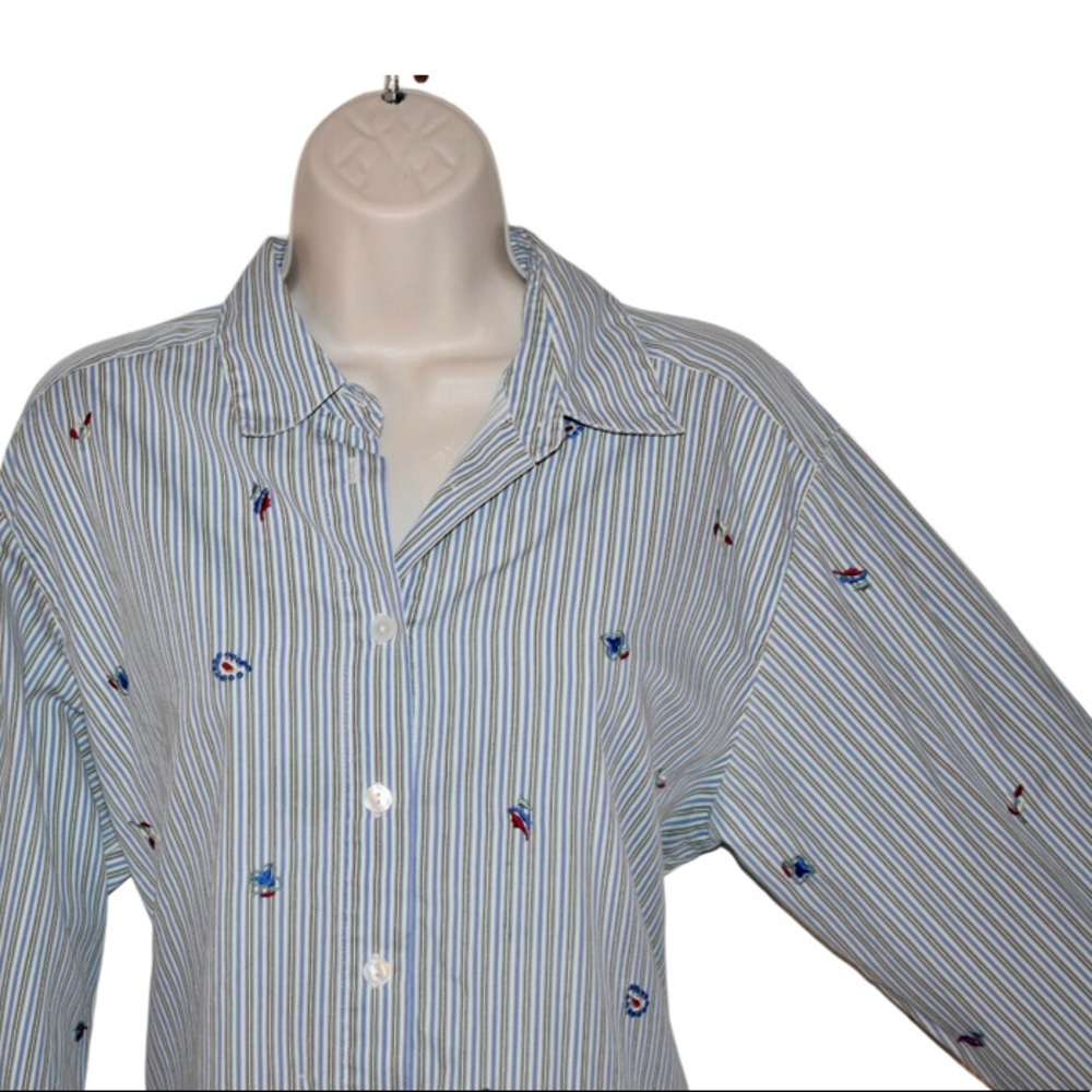 Ladies Stephanie K pinstripe embroidered long sleeve button down shirt fall nice